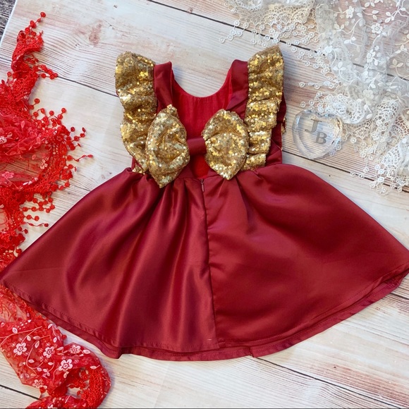 Boutique Girls Red Satin & Gold Sequin Dress - Picture 3 of 5